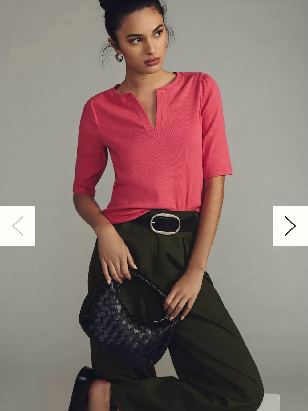 Maeve by Anthropologie Split-Neck Ribbed Puff Sleeve Top Pink Coral Size Small